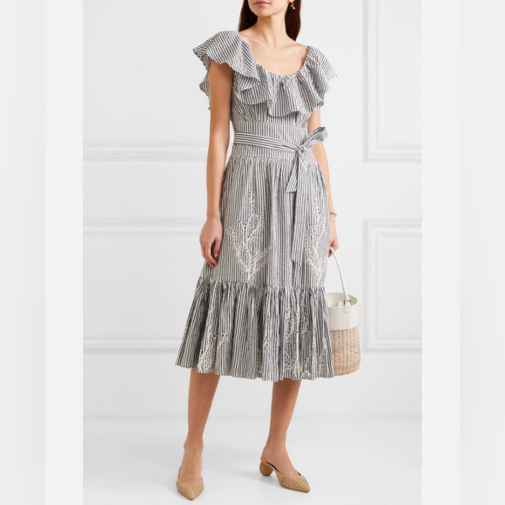 Tory Burch Ruffled Striped Embroidered Midi Dress